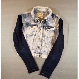 Clock House Two Tone Acid Wash Denim Jacket Blue Cropped Trucker Size 38 1900